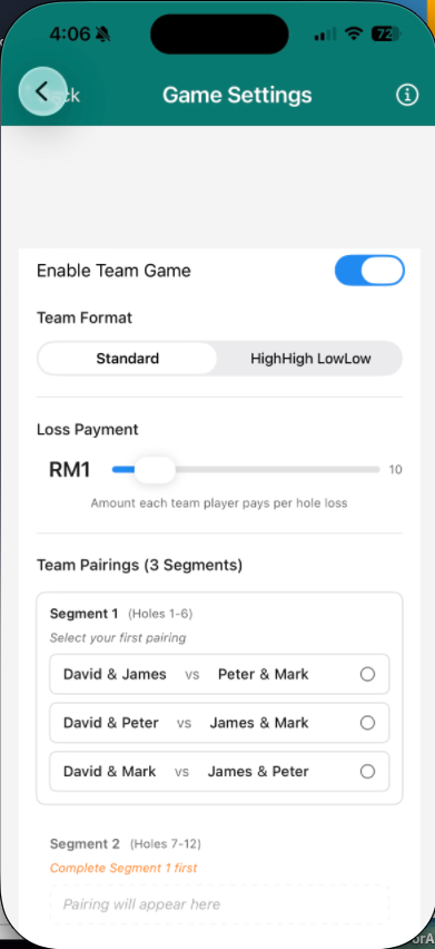 Team pairings setup